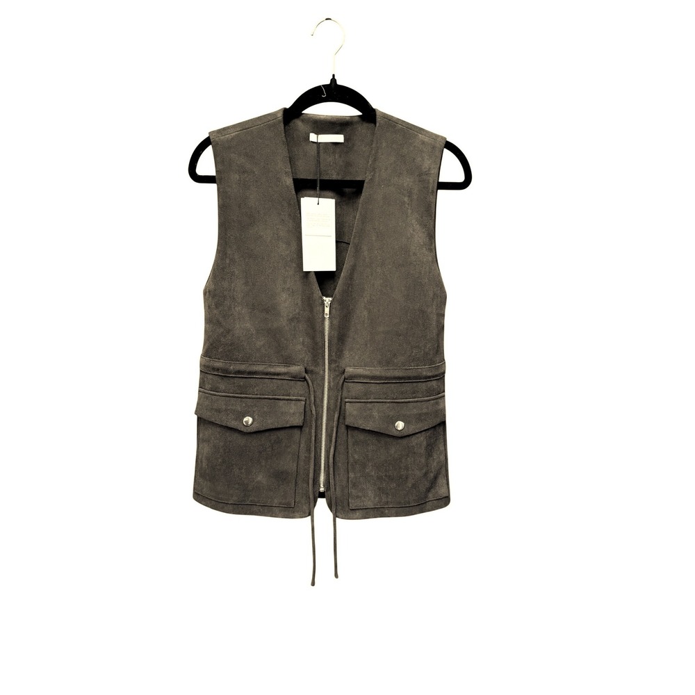NWT Zara Faux Suede Utility Vest Zip Front Cargo Pockets Chocolate Brown Small